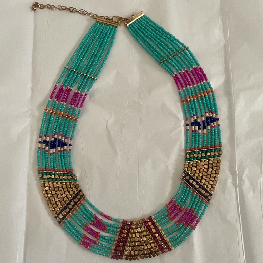 Colorful Seed Bead Necklace Magenta Turquoise Gold Blue Orange Tribal Style - Picture 4 of 5